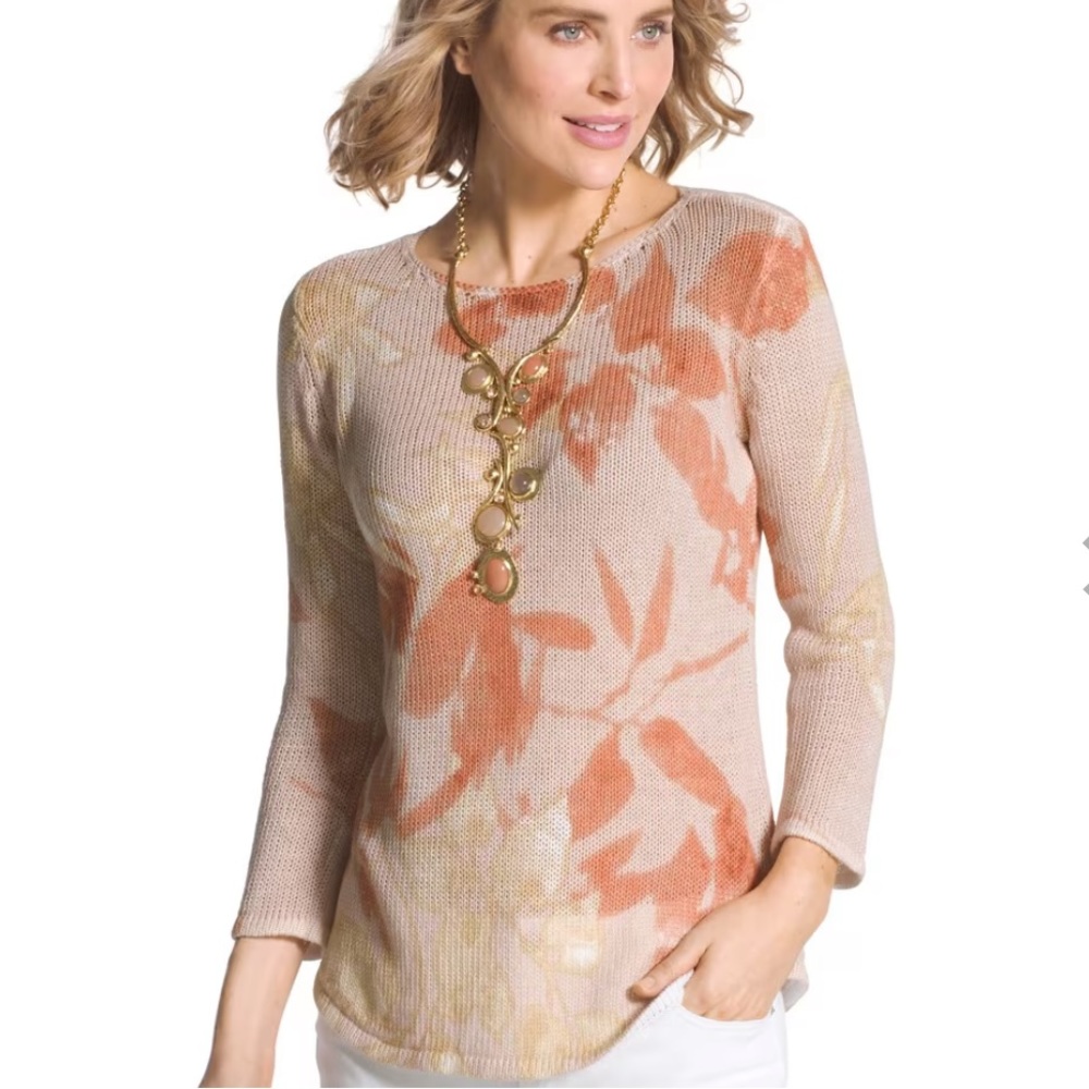 Chico’s Fauna Open Knit Floral 3/4 sleeve Pullover sweater S NWOT